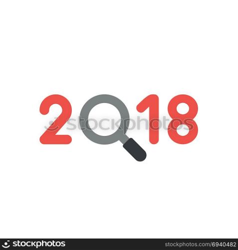 Flat design vector illustration concept of red year of 2018 word with magnifying glass symbol icon.
