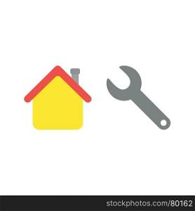 Flat design vector illustration concept of repair yellow house with grey spanner symbol icon on white background.