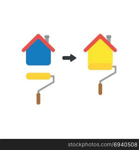 Flat design vector illustration concept of roller paint brush symbol icon painting house blue to yellow.