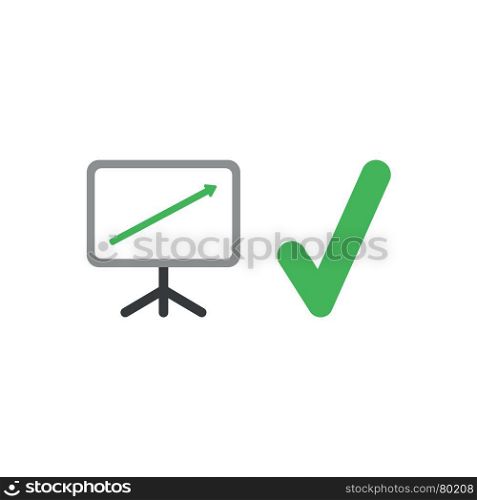 Flat design vector illustration concept of sales presentation chart with stand, green arrow moving up and green check mark symbol icon on white background.