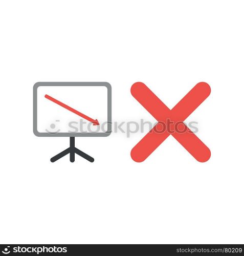 Flat design vector illustration concept of sales presentation chart with stand, red arrow moving down and red x mark symbol icon on white background.