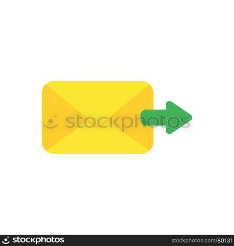 Flat design vector illustration concept of send message or email with yellow envelope and green arrow symbol icon moving right on white background.