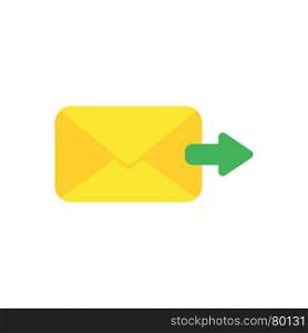 Flat design vector illustration concept of send message or email with yellow envelope and green arrow symbol icon moving right on white background.