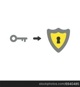 Flat design vector illustration concept of shield guard symbol icon with keyhole and grey key.