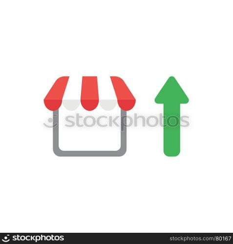 Flat design vector illustration concept of shop or store symbol icon with green arrow moving up on white background.