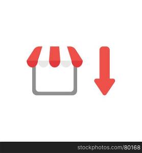 Flat design vector illustration concept of shop or store symbol icon with red arrow moving down on white background.