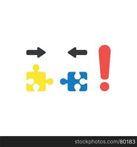 Flat design vector illustration concept of two pieces of yellow and blue jigsaw puzzle that are incompatible with each other and red exclamation mark symbol icon.