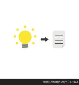 Flat design vector illustration concept of write ideas on paper, yellow glowing light bulb and written paper symbol icons on white background.