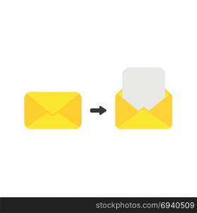 Flat design vector illustration concept of yellow closed and open envelope symbol icon with blank paper.
