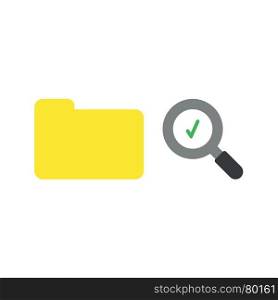 Flat design vector illustration concept of yellow closed folder and magnifying glass with green check mark symbol icon on white background.