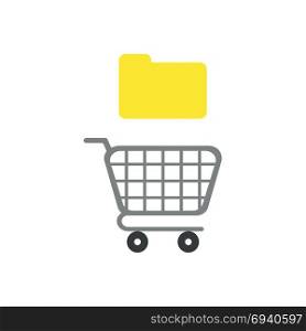 Flat design vector illustration concept of yellow closed folder over grey shopping cart symbol icon.