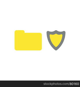 Flat design vector illustration concept of yellow closed folder with grey and yellow shield guard symbol icon on white background.