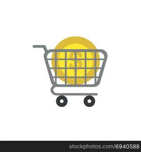 Flat design vector illustration concept of yellow dollar moeny coin symbol icon in grey shopping cart.