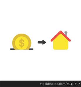 Flat design vector illustration concept of yellow dollar money coin symbol icon into black moneybox hole with yellow house.