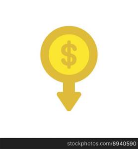 Flat design vector illustration concept of yellow dollar money coin symbol icon with arrow moving down.