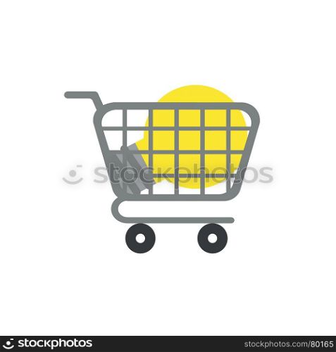 Flat design vector illustration concept of yellow glowing light bulb in grey shopping cart symbol icon on white background.