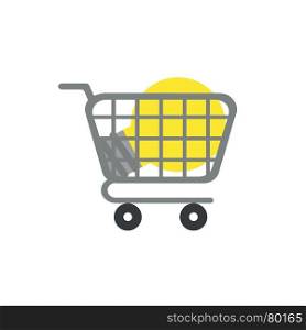 Flat design vector illustration concept of yellow glowing light bulb in grey shopping cart symbol icon on white background.