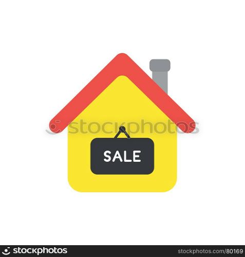Flat design vector illustration concept of yellow house symbol icon with sale word written on black hanging sign on white background.