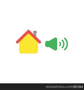 Flat design vector illustration concept of yellow house with green high speaker sound, loud voice symbol icon on white background.