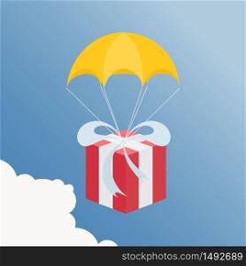 Flat design. Vector illustration. Delivery service. Parachute with parcel, gift in the sky. Holidays, delivery concept.. Delivery service. Parachute with parcel, gift in the sky. Holidays, delivery concept. Flat design. Vector illustration
