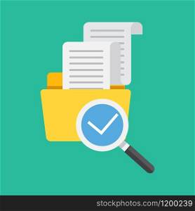 Flat design, vector illustration. File folder directory and magnifying glass, tick checkmark icon. Search concept. Data and information.. File folder directory and magnifying glass, tick checkmark icon. Search concept. Data and information. Flat design, vector illustration