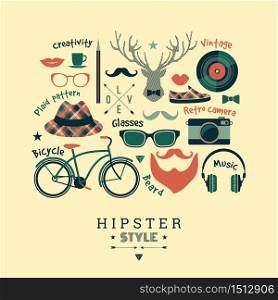 Flat design vector illustration of hipster style. Retro color.. Flat design vector illustration of hipster style.