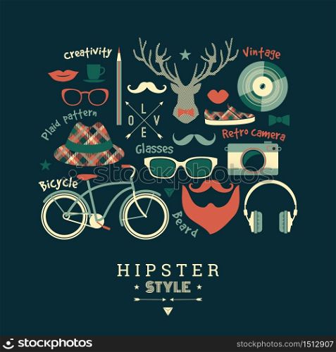 Flat design vector illustration of hipster style. Retro color.. Flat design vector illustration of hipster style.