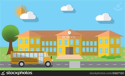 Flat design vector illustration of school building and parked school bus in flat design style, vector illustration.. Flat design vector illustration of school building and parked school bus in flat design style, vector illustration
