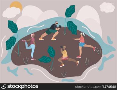 Flat design vector illustration of weekend urban park outdoor activity. Young sport group of athletics people making exercise. Body positive man and women. Active and healthy lifestyle concept