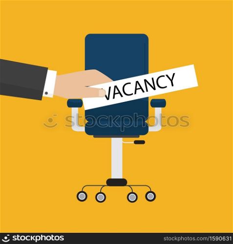 Flat design vector illustration. Office chair and a sign vacant. Business concept. Office chair and a sign vacant. Business concept. Flat design vector illustration