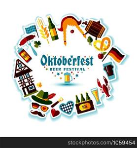 Flat design vector illustration with oktoberfest celebration symbols. Oktoberfest celebration design with Bavarian hat and autumn leaves and germany symbols.. Flat design vector illustration with oktoberfest celebration symbols. Oktoberfest celebration design with Bavarian hat and autumn leaves