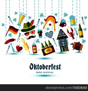 Flat design vector illustration with oktoberfest celebration symbols. Oktoberfest celebration design with Bavarian hat and autumn leaves and germany symbols.. Flat design vector illustration with oktoberfest symbols. Oktoberfest celebration design with Bavarian hat and autumn leaves.