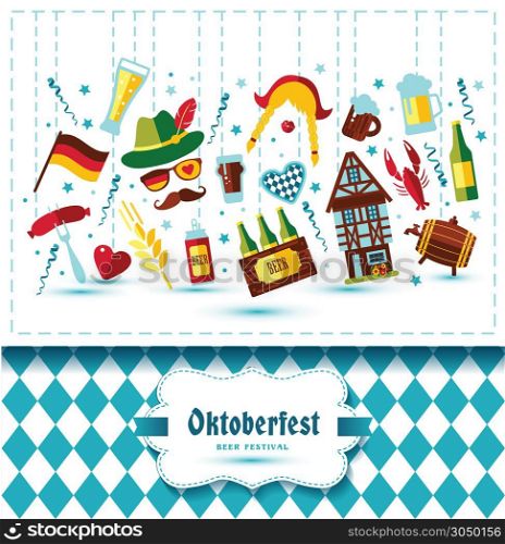Flat design vector illustration with oktoberfest celebration symbols. Oktoberfest celebration design with Bavarian hat and autumn leaves and germany icons on blue background.