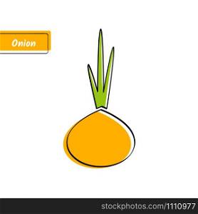 Flat design vegetable education card. Vector illustration with big solid orange isolated onion or bulb, black outline and label on white background for kid game, memory training or eco market sign.. Orange onion education card with black contour