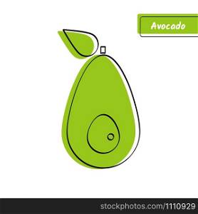 Flat design vegetable education card. Vector illustration with solid green isolated avocado or alligator pear, black outline and stylish label on white background for organic market logo or kid game.. Flat green avocado market logo with black contour