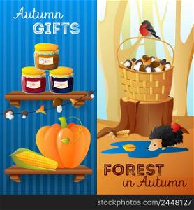 Flat design vertical autumn banners with seasonal vegetables jam mushrooms and forest animals isolated vector illustration. Autumn Vertical Banners