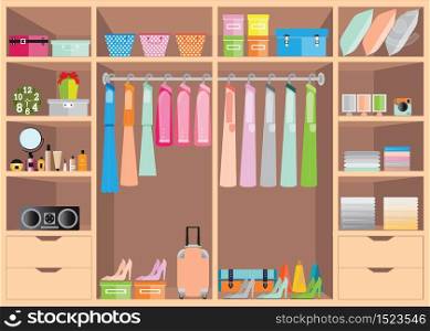 Flat Design walk in closet with shelves for accessories and cosmetic make up, interior design, Clothing store, Boutique indoor of woman&rsquo;s cloths, conceptual Vector illustration.