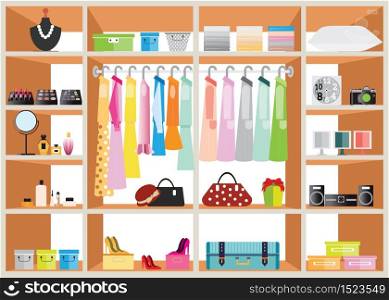 Flat Design walk in closet with shelves for accessories and cosmetic make up, interior design, Clothing store, Boutique indoor of woman&rsquo;s cloths, conceptual Vector illustration.