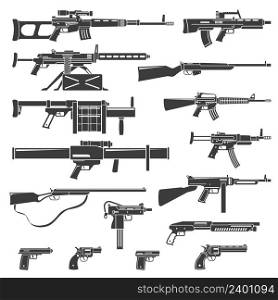 Flat design weapons guns rifles and pistols monochrome set isolated vector illustration. Weapons And Guns Monochrome Set