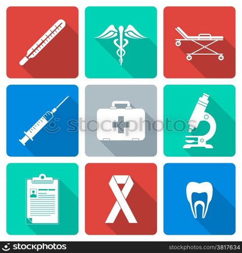 flat design white silhouette medical icons set. vector various flat design white silhouette medical icons with shadow