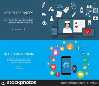 Flat designed banners for Health Services and Health Monitoring