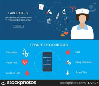 Flat designed banners for Health Services and Laboratory concept. Laboratory research with microscope equipment, molecule structure.Medical apps for smart phone.Mobile Medical Applications