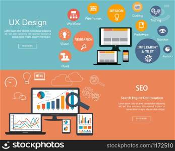 Flat designed banners for UX Design and Search Engine Optimization
