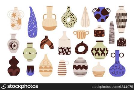 Flat different vases. Ceramic scandinavian vase and pots, minimalistic style decorative jugs. Trendy style pottery pitcher, cups and racy bowls vector set of vase ceramic scandinavian illustration. Flat different vases. Ceramic scandinavian vase and pots, minimalistic style decorative jugs. Trendy style pottery pitcher, cups and racy bowls vector set