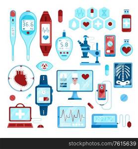 Flat digital medicine icon set with different monitors x rays blood tests and other tools vector illustration