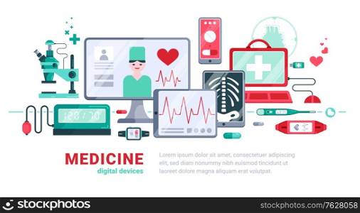Flat digital medicine white background or banner with digital devices and tools vector illustration