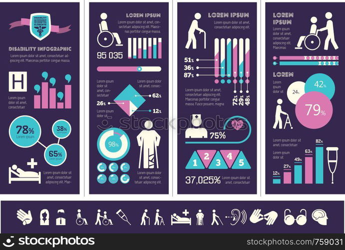 Flat Disability Infographics Elements plus Icon Set. Vector.