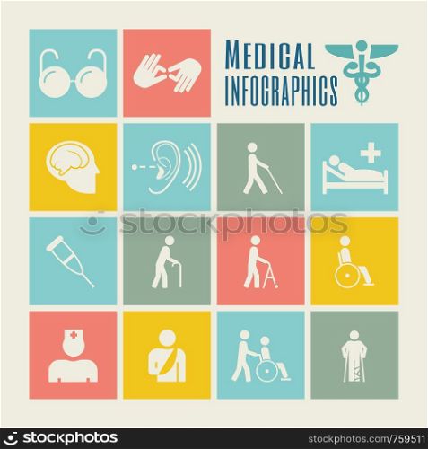 Flat Disability Infographics Elements plus Icon Set. Vector.