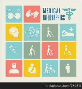 Flat Disability Infographics Elements plus Icon Set. Vector.