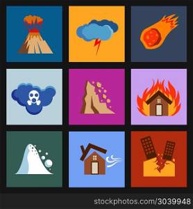 Flat disaster, damage vector icons. Flat disaster, damage vector icons. Volcano and meteorite, poisonous cloud and rockfall illustration